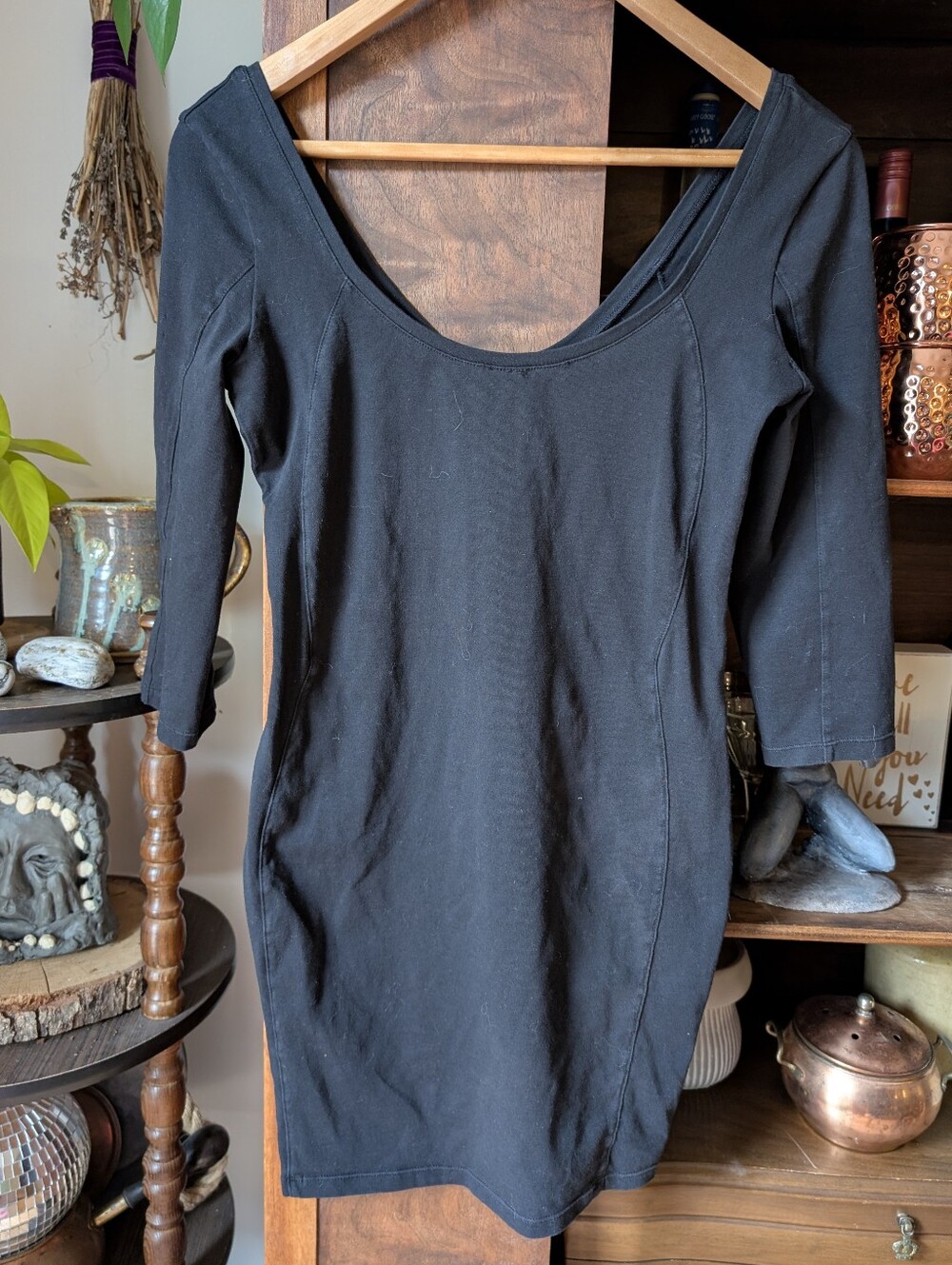 BERSHKA Black Cotton Scoop Neck Bodycon 3/4 Sleeve Dress, Med